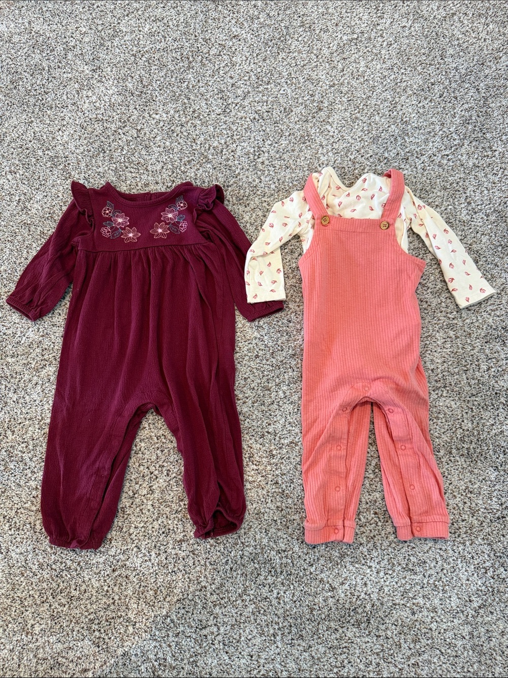 Baby Burgundy Floral Embroidered Romper & Pink Overalls Set